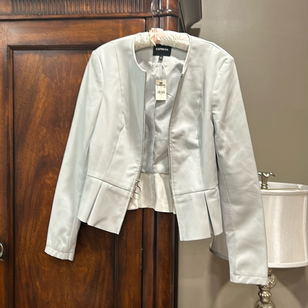 Express grey vegan leather moto jacket with pleating detail. NWT